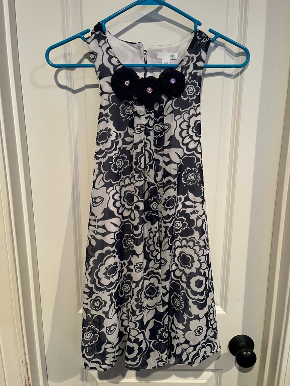 Navy and White Floral Dress with Navy Rosette Accents